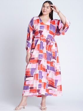 NWT ELOQUII Printed Kimono Dress With Tie - Size 28